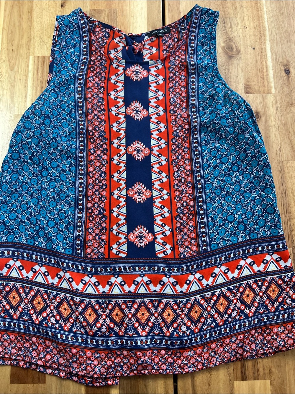Anne Carson XS Boho Sleeveless Floral Border Print Tank Top Navy Orange - Picture 2 of 11